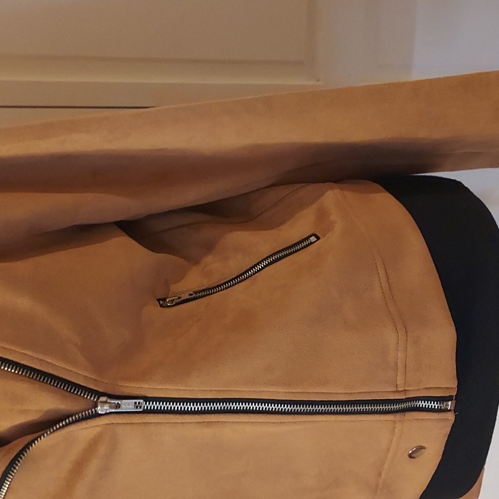 Tan Beige Faux Suede Moto Biker Jacket Size M - Picture 2 of 9